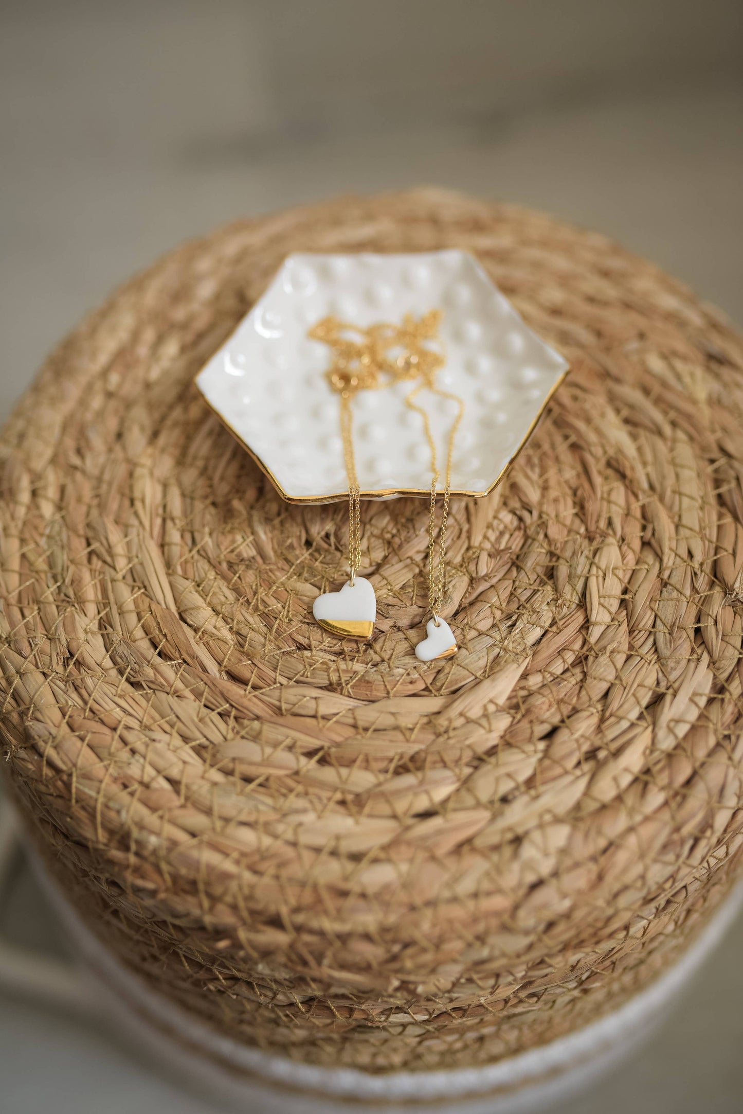 Porcelain + 22K gold heart necklace from Myanmar