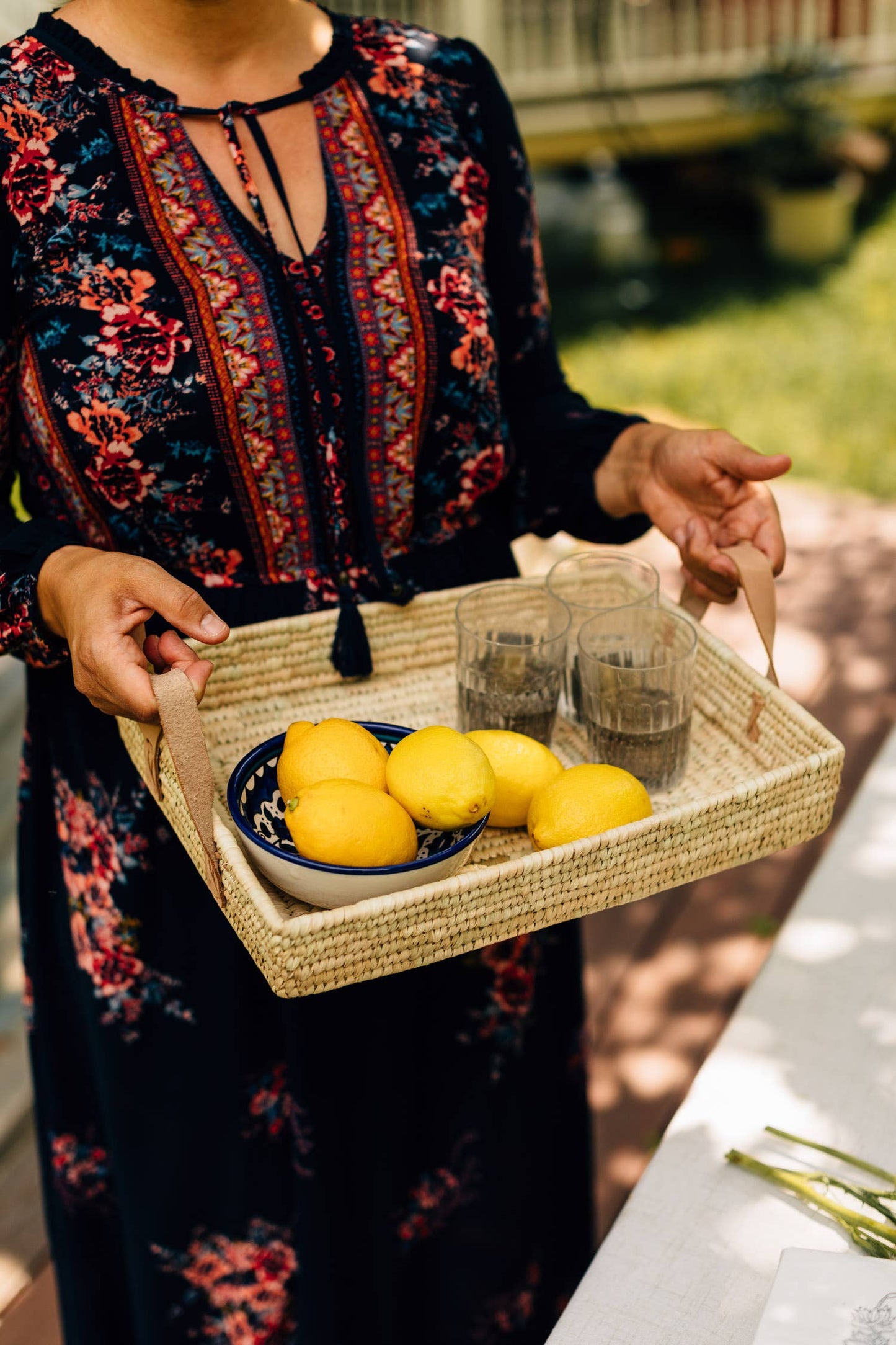 Leather-handled basket tray