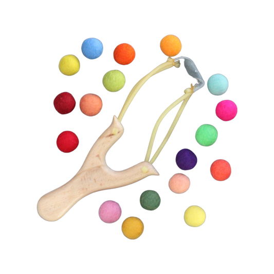 Wooden slingshot with felt balls